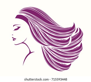 Beautiful woman with long, straight hair, flowing in the wind wearing a  head band and elegant makeup.Beauty salon vector icon.