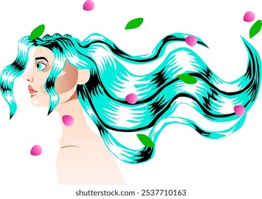 Mulher bonita com o cabelo longo turquesa soprando atrás dela