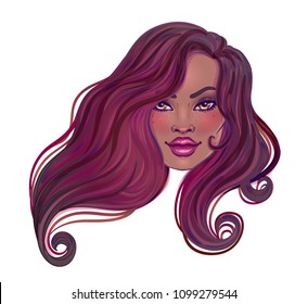 Beautiful woman with long wavy hair flowing in the wind. Hair salon concept. vector illustration isolated. Portrait of a young African American woman. Glamour Fashion concept.