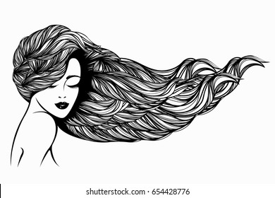 Beautiful woman with long, wavy hair flowing in the wind, closed eyes and bold makeup.Hair Salon vector illustration.