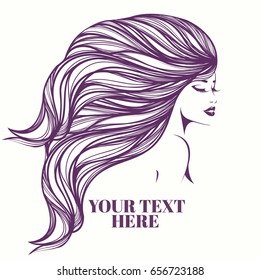 Beautiful woman with long, wavy hair flowing in the wind and nice makeup.Beauty salon vector illustration.