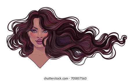 Beautiful woman with long wavy hair flowing in the wind. Hair salon concept. vector illustration isolated. Portrait of a young African American woman. Glamour Fashion concept. 