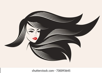 Beautiful woman with long, wavy hair flowing in the wind and bold makeup.Hair and beauty salon vector illustration.