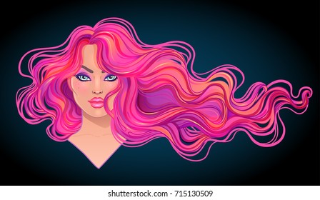 Beautiful woman with long wavy purple dyed hair flowing in the wind. Hair salon concept. vector illustration isolated. Portrait of a young Caucasian woman. Glamour Fashion concept.  