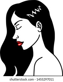 Beautiful woman looking down with black hair and red lips