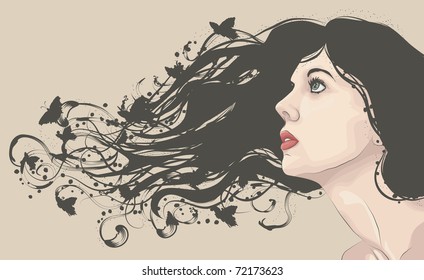 Beautiful woman looking up with flowing abstract hair with butterflies