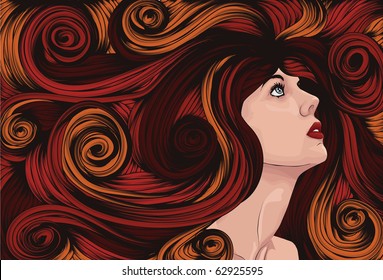 Beautiful woman looking up with long curly hair