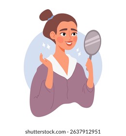 Beautiful woman looking in mirror after skincare. Concept of skincare, beauty transformation, and cosmetic results
