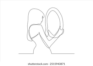 beautiful woman looking in mirror continuous line vector illustration	
