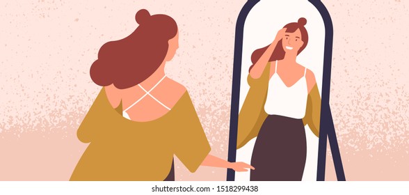 Beautiful woman looking at mirror flat vector illustration. Self acceptance and confidence concept. Young fashionable lady reflection in mirror. Attractive woman preening her hair cartoon character.