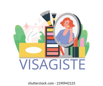 Beautiful woman looking in the mirror, visagiste abstract banner, flat vector illustration isolated on white background. Table with eyeshadow palette, lipstick, brushes and make up napkins.