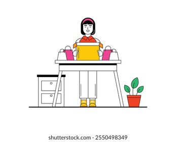 Beautiful woman looking at online shopping results in home. Character design. Vector flat illustration