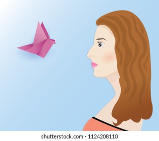 Beautiful woman looking to origami bird,vector illustration.