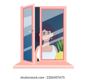 Beautiful woman looking out of the window. Girl behind window pane. Woman waiting near the window. Flat vector illustration.