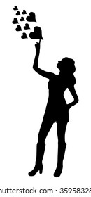 beautiful woman looking and pointing up at hearts