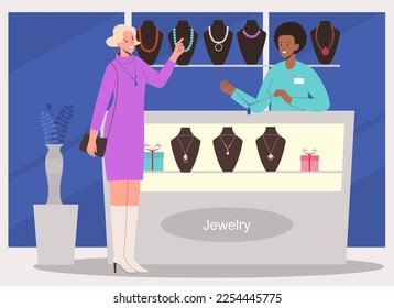 Beautiful woman  looking at selection of jewellery on the display at the jewelry store. Saleswoman showing jewelry on the showcase.