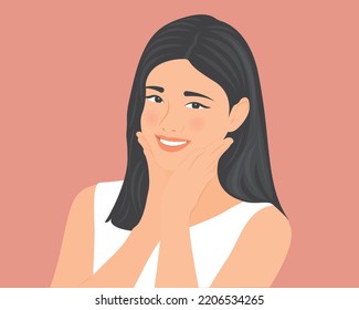 A beautiful woman looking straight ahead. Sending happy smiles to people. Vector illustration.