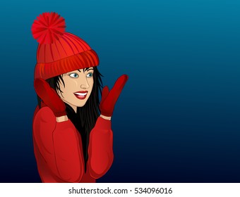 Beautiful woman looking surprised and shows hands wow. Vector. Portrait of a girl in red cap on a blue background. Pop art style 