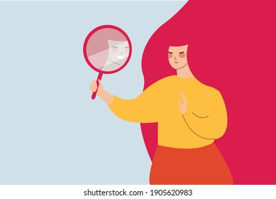 Beautiful woman looks to herself with pride. Lady sees her happy reflection in the mirror. Flat design style of a girl with self confidence. Narcissistic young female holding a mirror.