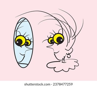 A beautiful woman looks in the mirror. Vector graphics, eps