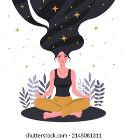 Beautiful woman in lotus position. Metaphor for inner balance and awareness. Yoga and stretching, meditation. Girl trains concentration, calmness and confidence. Cartoon flat vector illustration