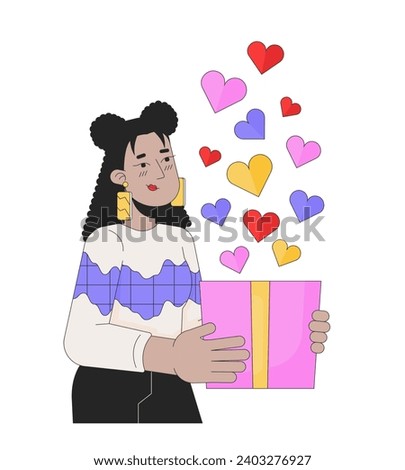 Beautiful woman in love giving valentine gift 2D linear illustration concept. Shy latina female cartoon character isolated on white. Sweetheart affection metaphor abstract flat vector outline graphic