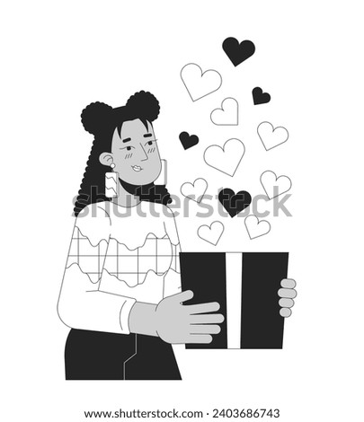 Beautiful woman in love giving valentine gift black and white 2D illustration concept. Shy latina cartoon outline character isolated on white. Sweetheart affection metaphor monochrome vector art