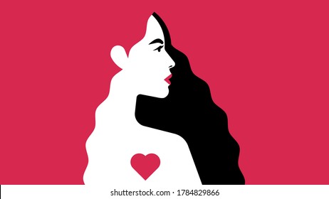 Beautiful woman with love in her heart. Silhouette of a woman with a heart in her chest. Symbol of love, emotions, feelings. Modern vector illustration for banner, article, Valentine's day card.