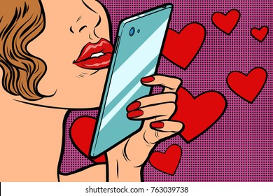 Beautiful woman in love and smartphone. red heart Valentine. Comic caricature vector pop art retro illustration drawing