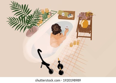 Beautiful woman lying in a bath with steam near palm, candles, flowers and a glass with cacao. Spa and relax concept. Vector illustration