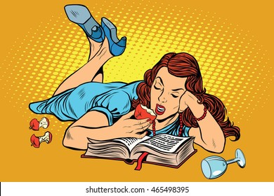 Beautiful woman lying down reading a book and eating an Apple, pop art retro vector illustration. Evening for an interesting read
