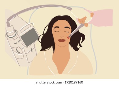 Beautiful woman lying on cosmetology chair doing a laser skin lifting on her face. Anti-age concept. Flat style in pastel tones. Vector illustration