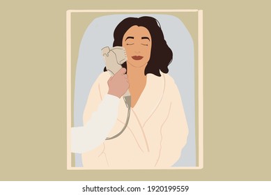 Beautiful woman lying on cosmetology chair doing a laser skin lifting on her face. Anti-age concept. Flat style in pastel tones. Vector illustration