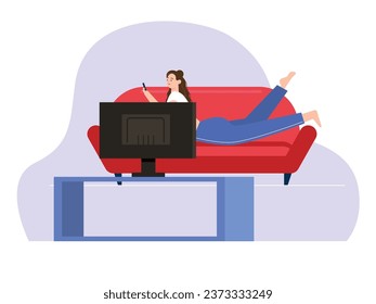 Beautiful woman is lying on her stomach on the sofa while playing with her smartphone and watching TV in the living room, relaxing at home. Character design. Vector flat illustration