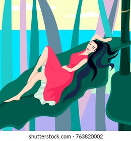 Beautiful woman lying on a leaf plants