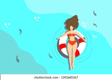 Beautiful woman lying on the rubber ring playing beautiful sea vector illustration