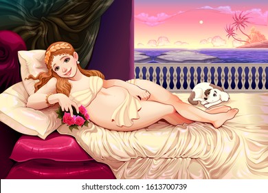 Beautiful woman lying with the sea in the background. Vector illustration inspired by the Venus of the Renaissance.