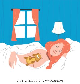 beautiful woman lying in soft comfort bed sleeping until morning time while holding cute doll