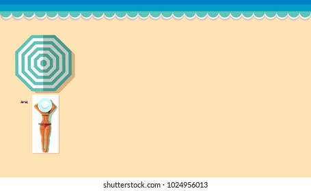 beautiful woman lying and sunbathing on the beach. Minimalist vector mockup background