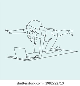 Beautiful woman make stretching exercises in front laptop, doing yoga indoors at home. Staying fit and healthy. Line art