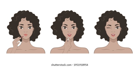 Mujer hermosa. Compensa. Muchacha feliz con el pelo rizado aplicando lápiz de labios en sus labios. Ilustración del vector