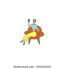 Beautiful woman makes selfie. Pretty girl is filming herself. Female sits in chair and shoots vlog. Influencer chatting with followers on phone. Blogger shoots vlog. Cartoon hand drawn illustration