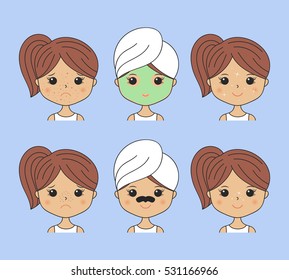 Beautiful woman making cosmetic procedures. Facial mask with charcoal, algae. Eye pads, moisturizing sheet mask. Icons set. Cartoon girl fixing skin problems. Vector illustration. Spa beauty theme