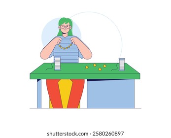 Beautiful woman making necklace, fashion decoration. Character design. Vector flat illustration