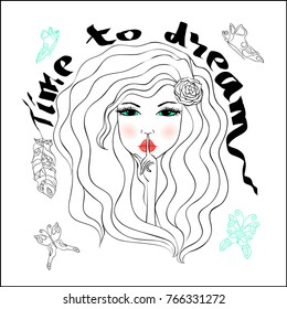 Beautiful woman making a shushing gesture holding her index finger to her lips as she asks for silence or secrecy for a surprise. Time to dream-calligraphy text. Coloring for adults, print on clothing