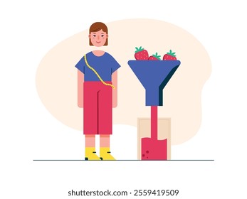 Beautiful woman making strawberry smoothie with juicer machine, in the process of losing weight. Character design. Vector flat illustration