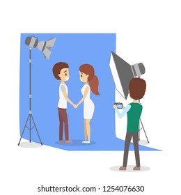 Beautiful woman and man couple making photoshoot on the blue background. Various equipment such as softbox and camera. Isolated flat vector illustration