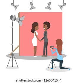 Beautiful woman and man couple making photoshoot on the red background. Various equipment such as softbox and camera. Isolated flat vector illustration