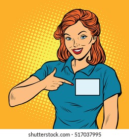 Beautiful Woman Manager With A Name Badge, Pop Art Retro Vector Illustration. Caucasian European People