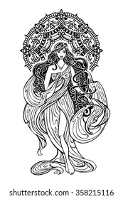 Beautiful  woman with Mandala decor.Female,girl with Long flowing hair and Antique drapery dress.Vintage art design.Vector graphics template,Asian,Oriental,Indian ornament.Fashion illustration,goddess